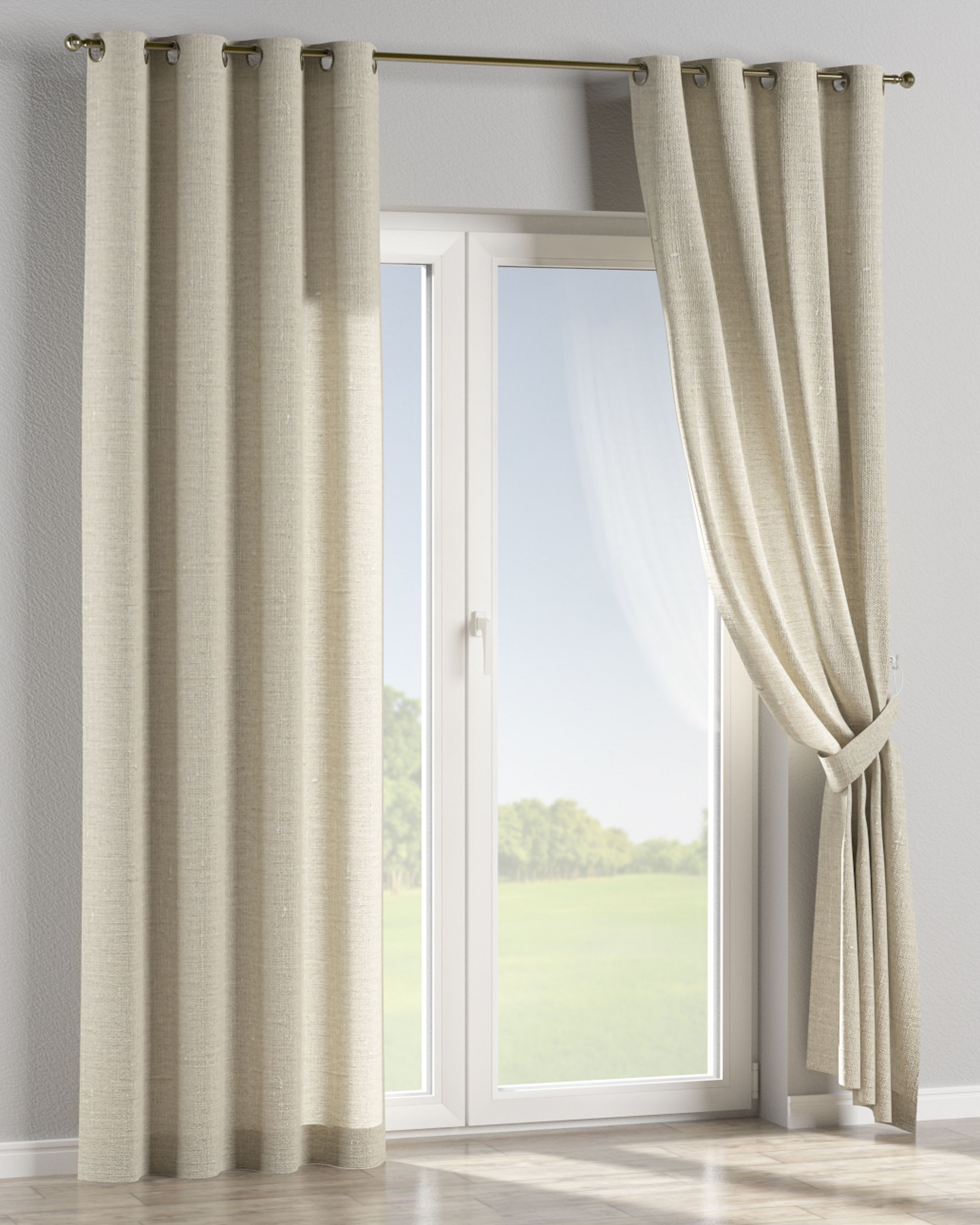 Gardin med öljetter 1 längd färg beige tyg ljusgenomsläpplig, grov